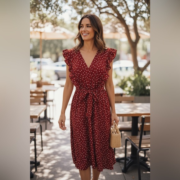 BloomChic Dresses & Skirts - BloomChic Red Polka Dot Ruffle Midi Dress